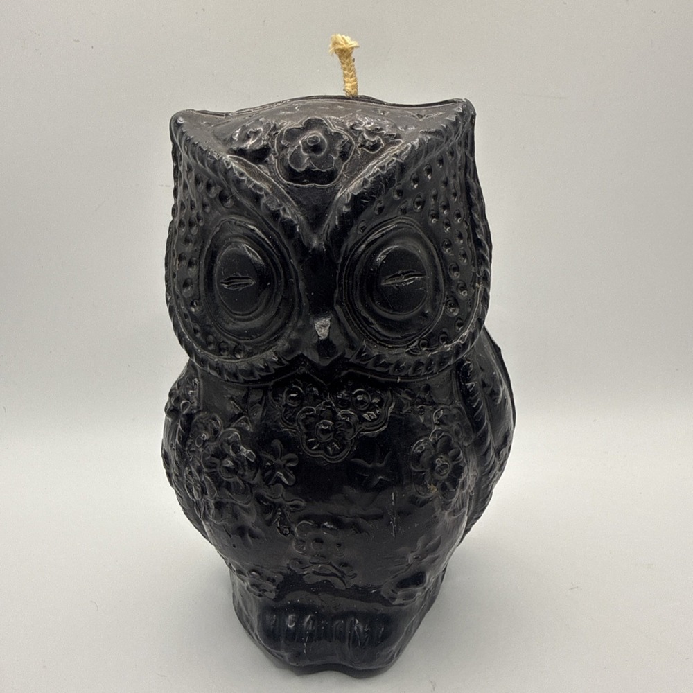 Vintage Black Owl Figural Candle 5.5" Floral Boho Halloween Decor Unburned
